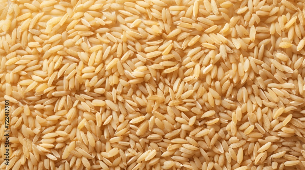 A dense, full frame of golden rice grains, rich in detail and color. Top view. Background. Texture. Concept of uncooked food, dietary staple, cereal grain, and agricultural product.