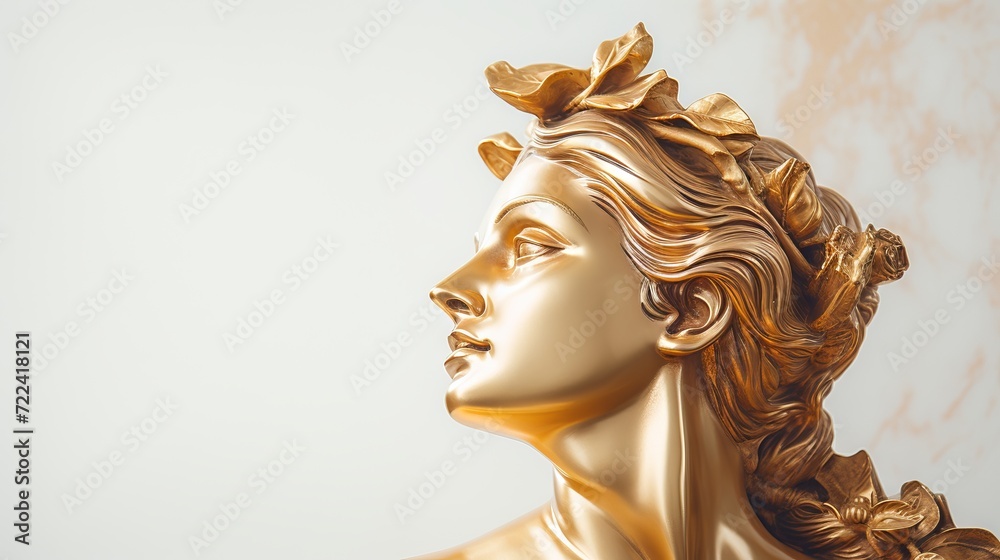 Gold sculpture of a female head on a light solid background. Banner with copy space. Concept of classical art, sculpture, golden statue, artistry, elegance, luxury decor.