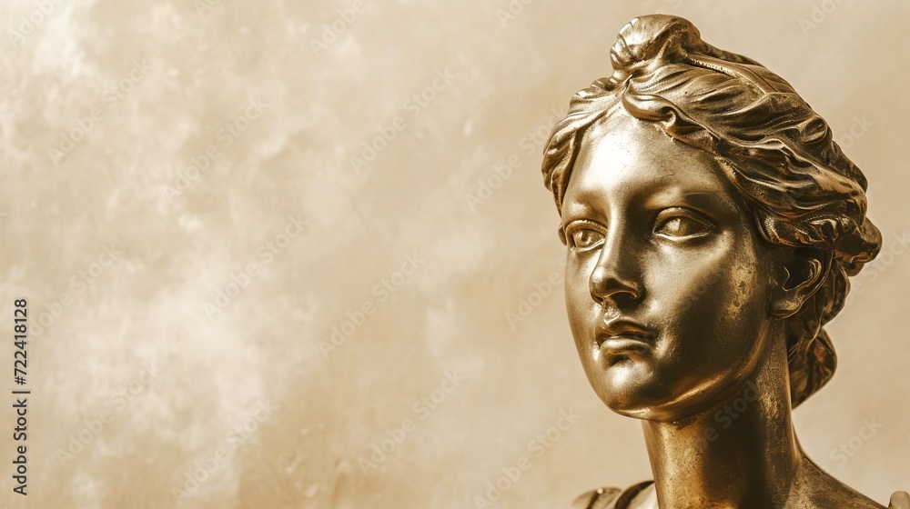 Gold sculpture of female head on a light textured background. Banner with copy space. Concept of classical art, sculpture, golden statue, artistry, elegance, luxury decor.