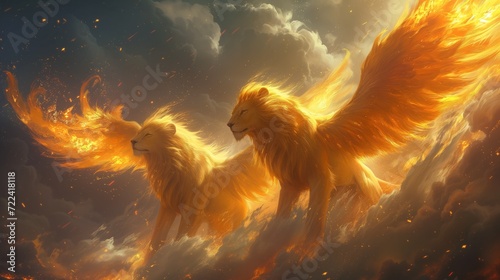 Lions with fiery phoenix wings soaring majestically through the sky