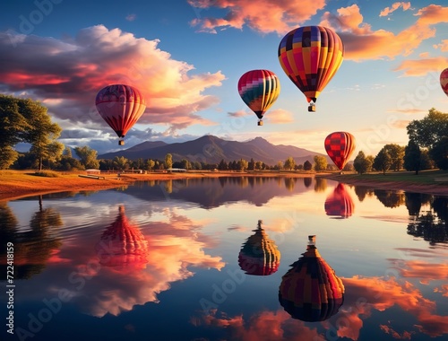Hot air balloons over a lake