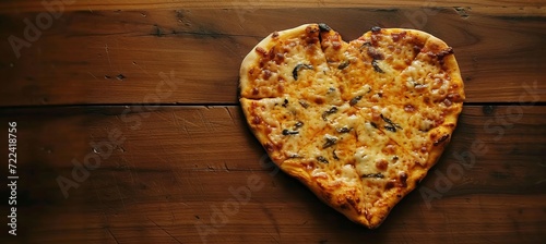 Heart shaped pizza, perfect for romantic dinner, top view with copy space for text placement