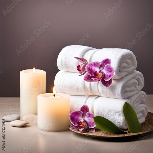 Pink orchid blossoms on white spa towels with hot stones and candles