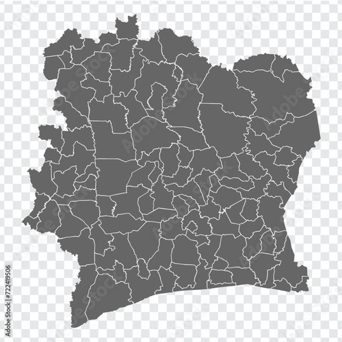 Blank map of Ivory Coast. Map Departments of Ivory Coast. High detailed vector map Republic of Cote d'Ivoire on transparent background for your web site design, logo, app, UI. EPS10.