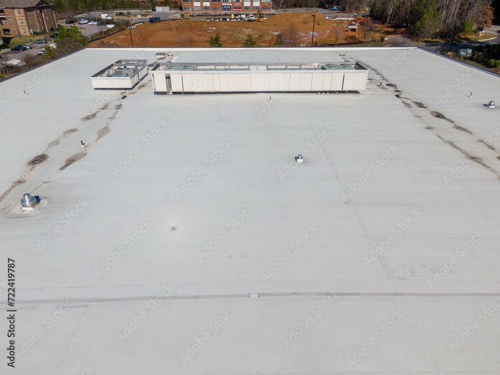 Fototapeta premium Drone Photos of TPO Roofing on Commercial Building