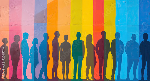 Silhouettes of a diverse group of multiethnic people viewed from the side, symbolizing a community of colleagues or collaborators. Concept conveys collaboration, teamwork, and the idea of a bargain photo