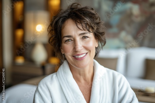 Skincare wellness spa procedures advertising concept with a happy cheerful middle aged brunette woman with toothy smile wearing bathrobe at spa salon or hotel relax zone looking at camera photo
