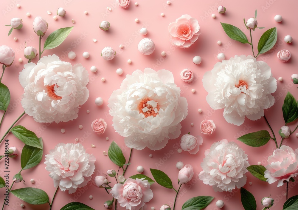 white peonies on pink background, in the style of spherical sculptures, candycore