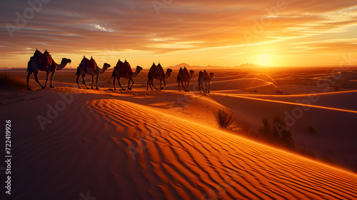 Six camels with colorful packs traverse sandy desert at sunset