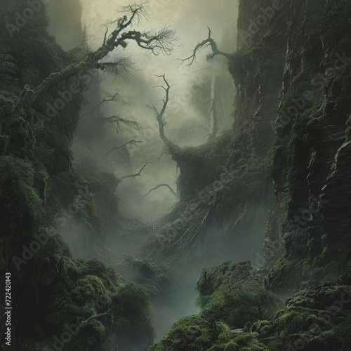 a foggy forest with trees and rocks