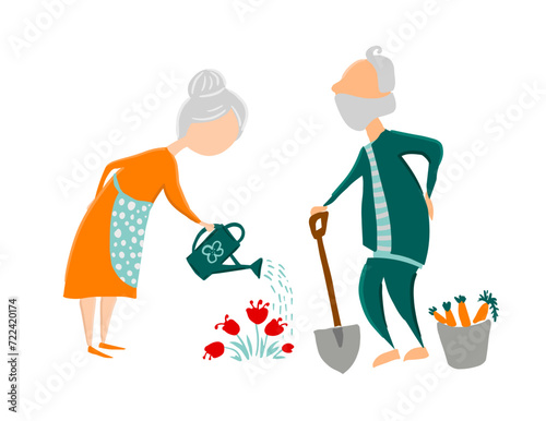 Grandfather and grandmother in the garden. hand drawing. Not AI, Vector illustration