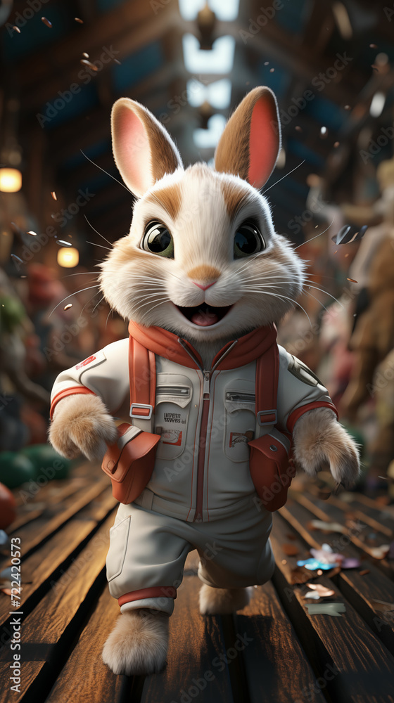 A rabbit dressed in a space suit standing on top of a wooden table. A rabbit dressed in a space suit standing on top of a wooden table.