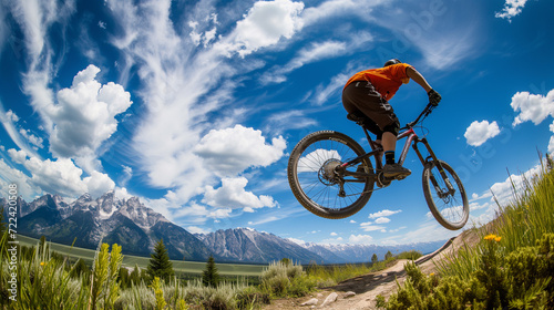 Extreme mountain bike rider on sunny day in Rocky Mountains © Andsx