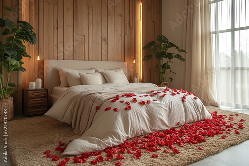 White bed in a modern minimalist bedroom with rose petals on the floor for Valentines Day