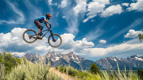 Mountain biker jumping on top of mountain with blue sky © Andsx