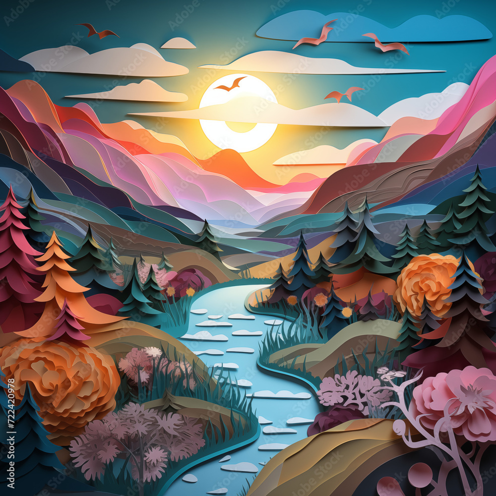 Paysage fantastique coloré, collage effet "papier découpé", montagnes et forêt - obrazy, fototapety, plakaty 