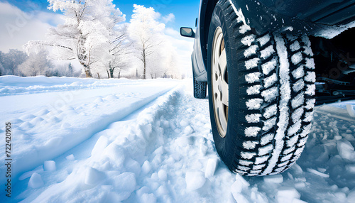Winter tire covered in snow snowy road © Oleksiy
