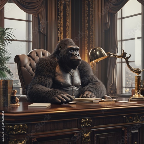 a gorilla sitting at a desk