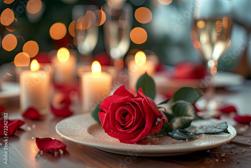 Romantic dinner with rose flower lying on the table, glasses and candles on the wooden desk for Valentine Day