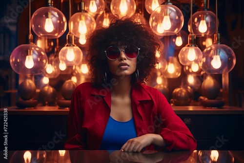 Woman is sitting at desk surrounded by lamps as background