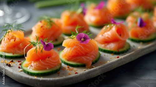 A platter of elegant hors d'oeuvres featuring smoked salmon canapÃ©s and cucumber rounds photo