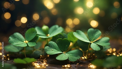 Festive background with shining green four-leafed clover shamrocks and golden bokeh in a green. St. Patrick's Day backdrop. Generative AI-Four-Leafed Clover in Green Background,good luck illustration