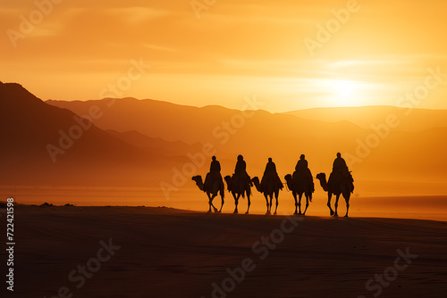 Group rides camels in desert at sunset  creating tranquil  expansive scene