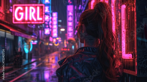 Young woman with neon sign in the city at night. Back view.