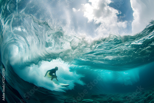 Surfer at the bottom of the ocean with a big wave