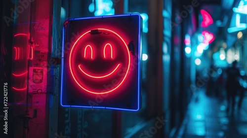 Neon sign on the door of a cafe with a smiley face photo