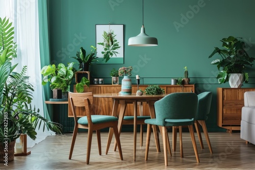 Scandinavian Mint Green Interior: Modern Living Room with Dining Area and Cabinet