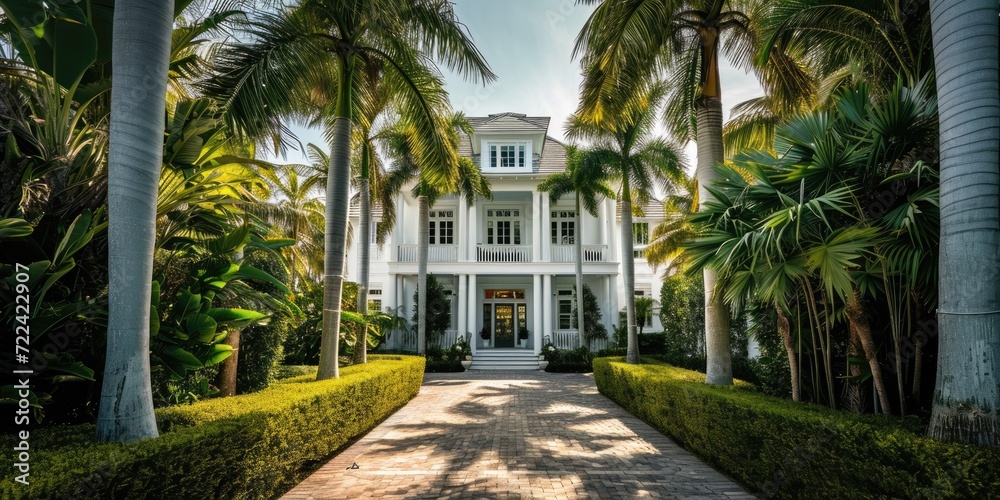 Opulent Residence: White House Surrounded by Palm Trees in a Lush Tropical Setting