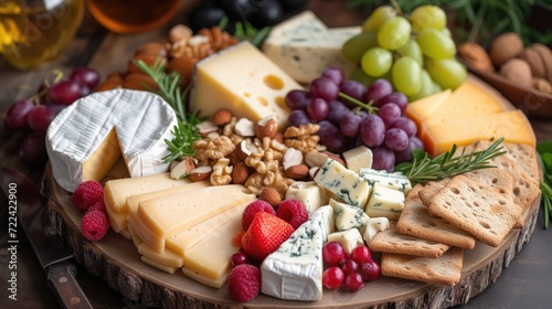 A platter of assorted artisanal cheeses paired with fresh fruits and nuts