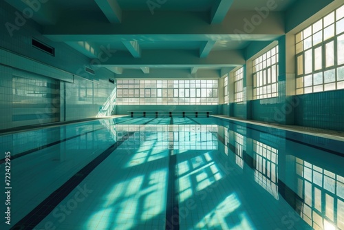 Tranquil Morning: Empty School Swimming Pool with Blue Background © AIGen