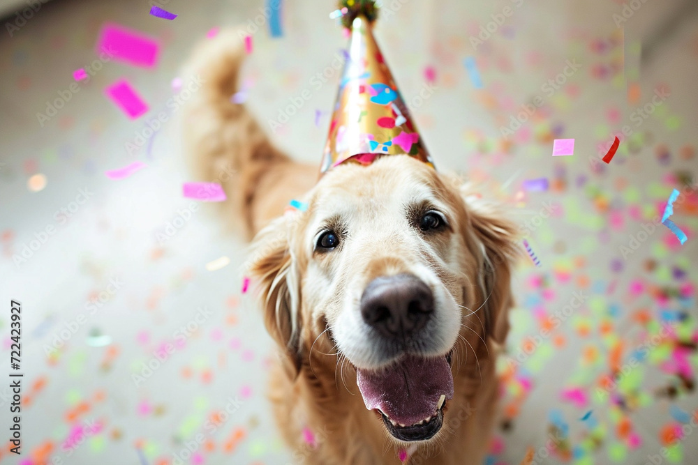 Funny dog wearing pary hat, birthday celebration card. Happy pets. Generative AI - obrazy, fototapety, plakaty 