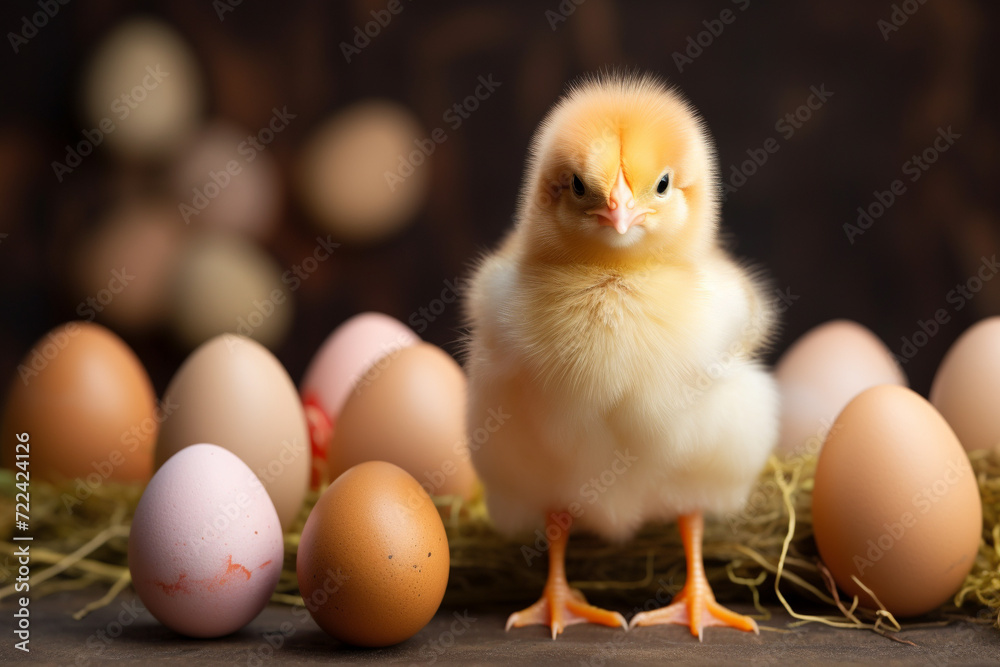 Cute Easter chicken and eggs. Generative AI