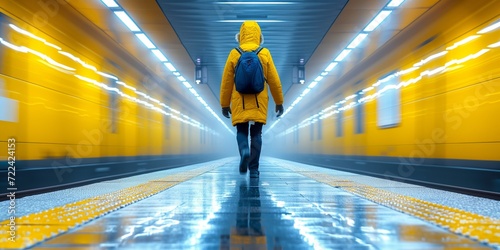 Person in Yellow Jacket Walking Through Tunnel #722424153