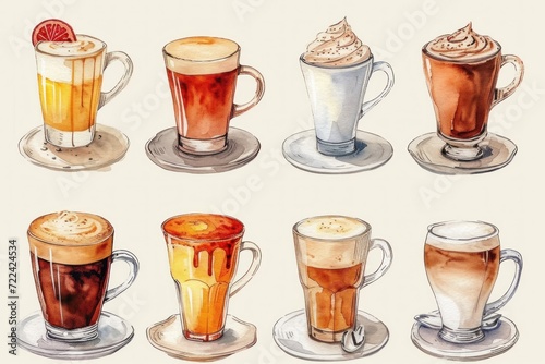 Watercolor glass of hot coffee with whipped cream collection set