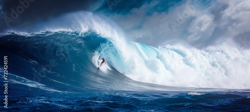Thrilling surf adventure  conquering a massive blue ocean wave  extreme sports and active lifestyle photo
