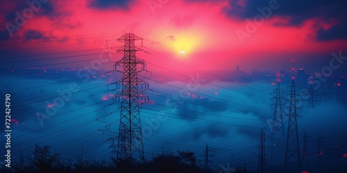 Sunset Over Power Lines on a Misty Evening