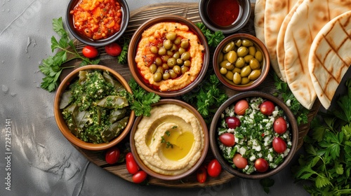 A platter of Mediterranean mezze featuring hummus, tabbouleh, and stuffed grape leaves