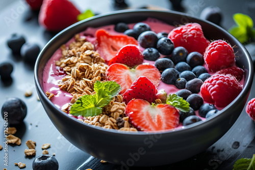 Bowl of homemade granola with yogurt and fresh berries on wooden background from top view. Yogurt with baked granola and berries in small bowl. Granola bowl with yogurt, berries.
