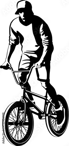 black and white vector illustration of a young man riding a bicycle isolated on white background