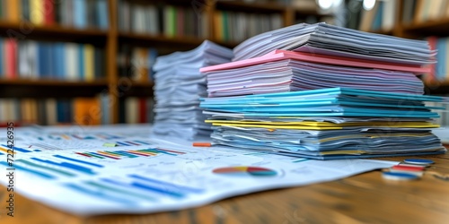 Stacks of Paperwork and Charts on a Library Desk photo