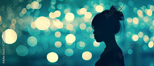 A woman's silhouette is a study in contemplation, set against a canvas of soft bokeh lights, evoking urban tranquility