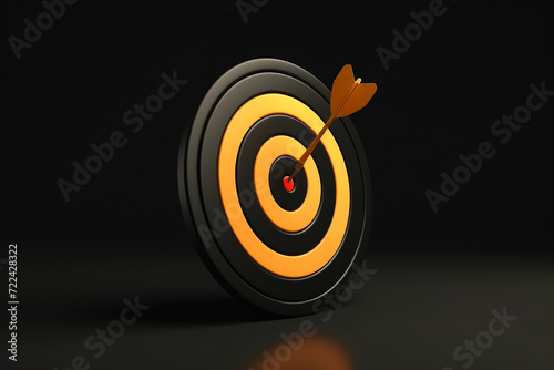 Creative illustration of red, black and yellows round shaped target with thin arrow representing concept of setting goals correctly on black background