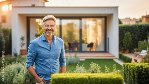Happy Home Owner or Gardener Standing in Front of Modern Eco House, Home Ownership, Real Estate Buying, Sustainable Living, Future Housing. Italy, Italian, Spain, Spanish, Greece, Greek, Portugal. photo