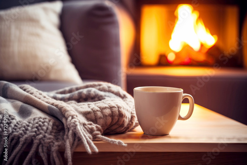 Wallpaper Mural Cozy Home Atmosphere with a Warm Cup and Knitted Blanket by the Fireplace Torontodigital.ca