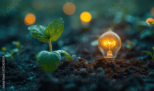 lightbulb with small plant on soil and sunshine. concept saving energy in nature