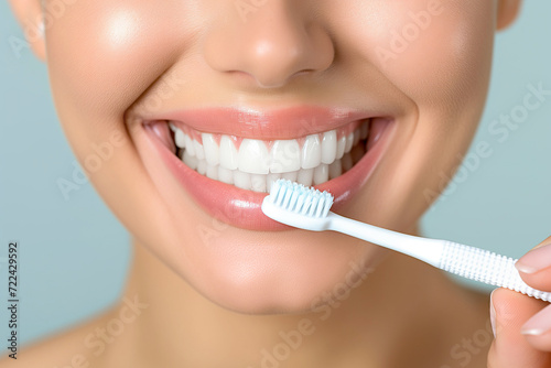 Close-up of a Woman s Smile While Brushing Teeth with a White Toothbrush
